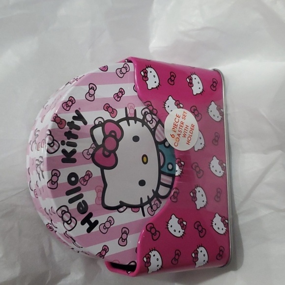 Hello Kitty pink white hello kitty monogrammed logo 6pc tin coaster set & holder - Picture 6 of 10